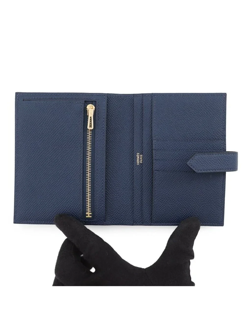 Hermes Bifold Wallet Bearn Compact Blue Navy Gold Epsom